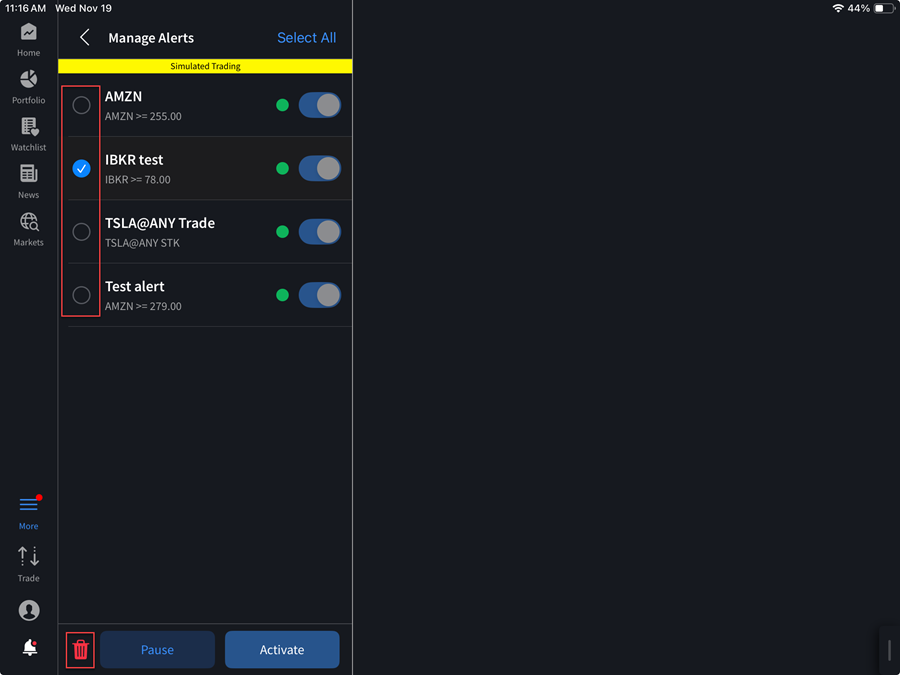 The delete alert function on the iPad